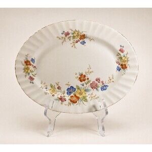 VTG Edwin M Knowles Floral Oval Serving Platter Gold Trim Ivory China 11.5”